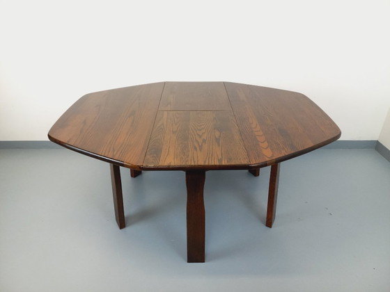 Image 1 of Vintage brutalist hexagonal oak dining table from the 1950s with extension