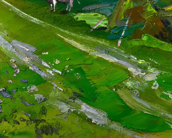 Image 1 of Original Oil Painting Rural Summer Landscape Quiet village on a green hill