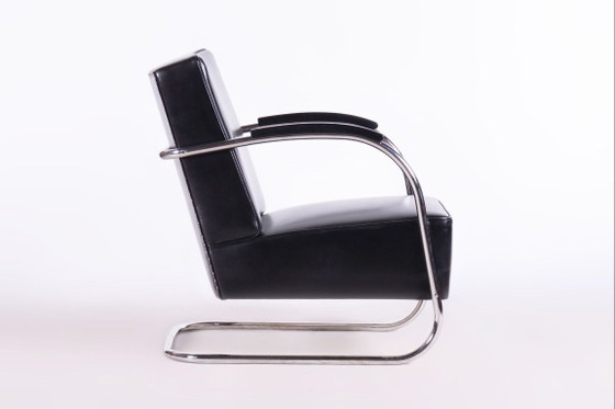 Set di sedute Bauhaus restaurato, di Mücke-Melder, cromo, pelle, ceco, anni '30, Zona salotto, Legno, Nero (foto 6 di 17)