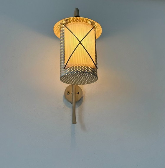 Image 1 of Pair of vintage wall lights in perforated metal, brass and perspex, France 1950