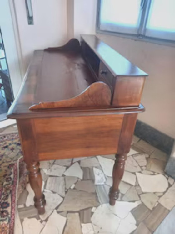 Antiek Notenhouten Bureau Eind 19e Eeuw – 9 Lades en Leren Bovenblad – Consoles, Wood (photo 4 of 10)