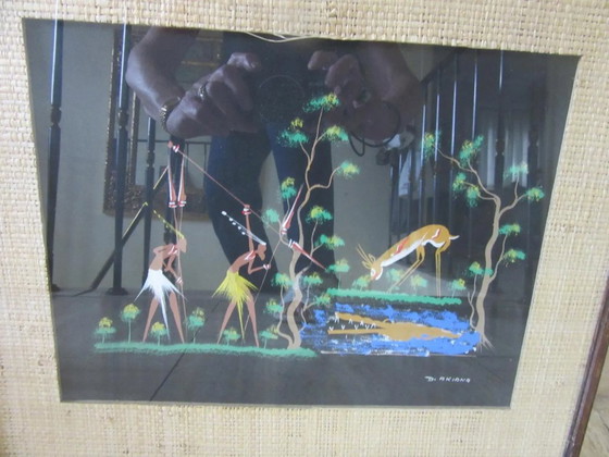 African Wood & Rattan Framed Picture Signed D. Akiana, Vintage – Paintings & Drawings, Glass (photo 4 of 9)