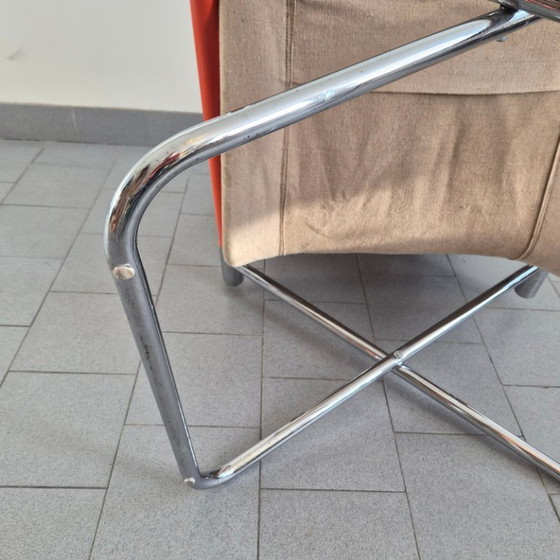 Image 1 of Poltrona pieghevole vintage giapponese, anni '70, in acciaio cromato e arancione e tela di iuta.