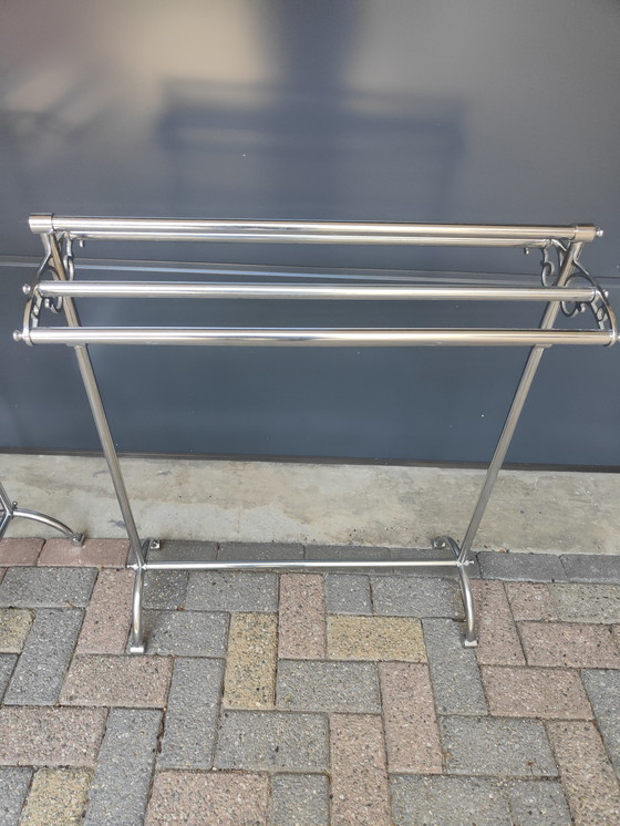 Image 1 of set of two retro standing towel racks, chrome