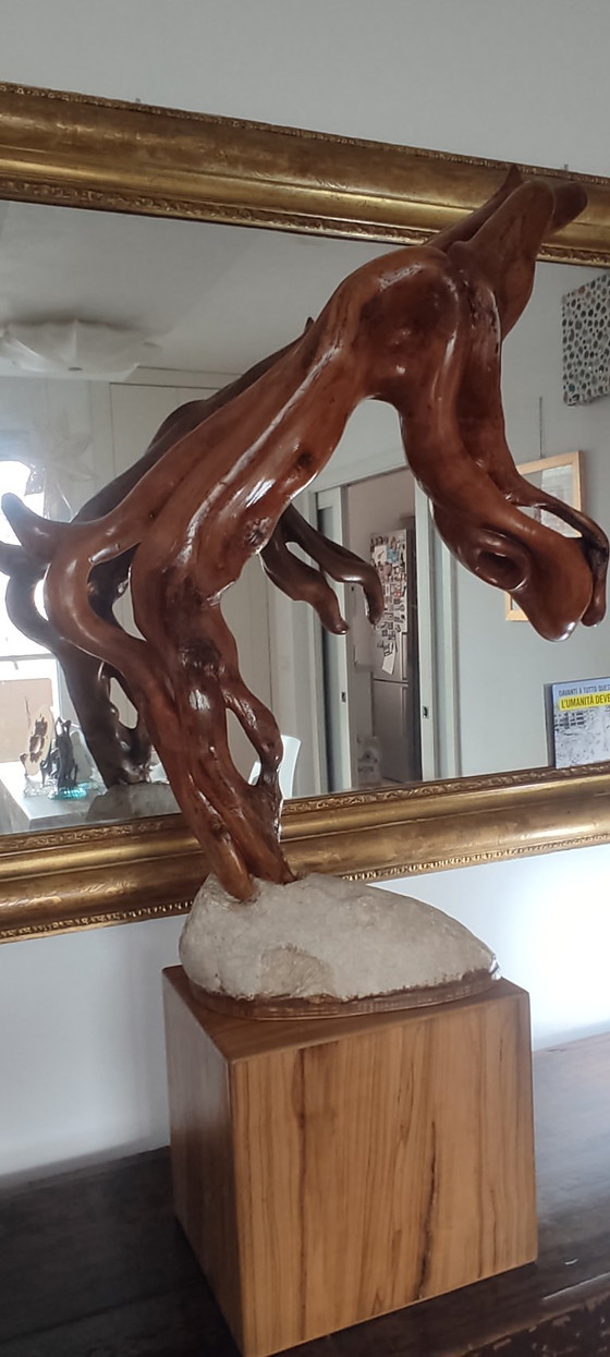 Image 1 of Organic Sculpture "Greyhound" in Solid Wood on a Stone Base – Biomorphic Natural Art