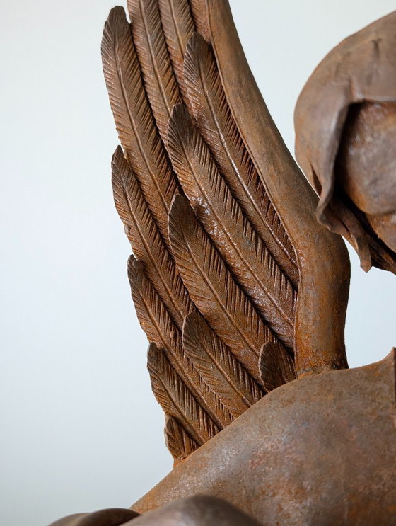 Image 1 of Sculpture d'ange en fer forgé de style néo-Renaissance espagnole, jouant du luth, vers 1900