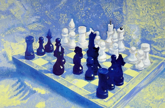 Original Oil Painting Modern Art Symbolism Chess White And Black – Paintings & Drawings, Canvas (photo 4 of 5)