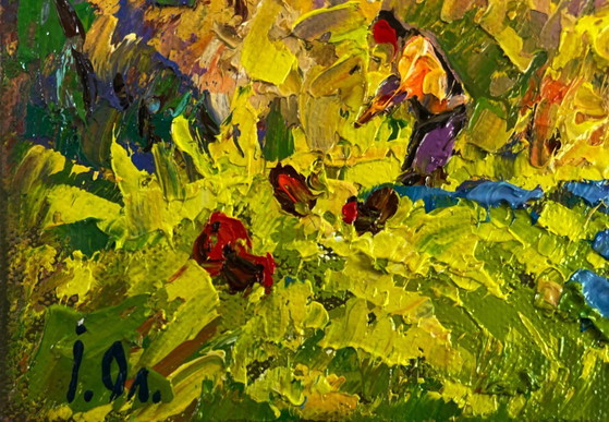 Image 1 of Original Oil Painting Summer Village Landscape The sun in the field