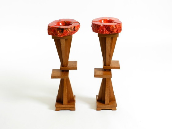 Image 1 of Two Unique Mid-Century Standing Ashtrays Consisting of Red Alabaster Cup with Beautiful Wooden Stand with Shelves