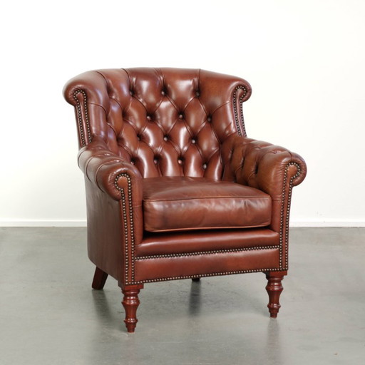 Sehr guter cognacfarbener Chesterfield-Sessel aus Rindsleder im englischen Stil mit zeitlosem Design