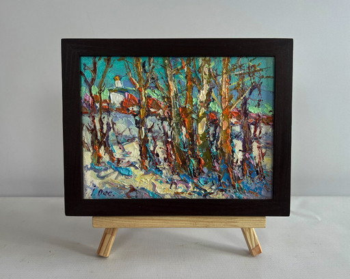 Original Oil Painting Winter Church Landscape Sunny winter day