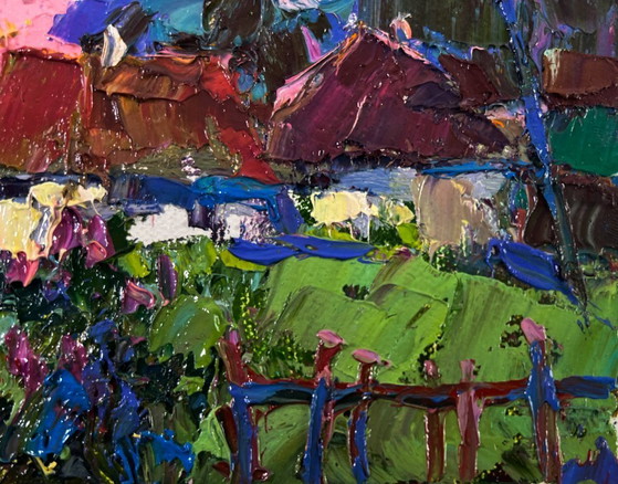 Image 1 of Original Oil Painting Evening Village Landscape The beam fades leaving the world