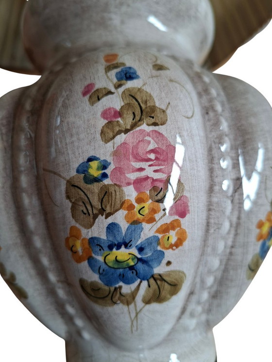 Image 1 of Vintage Hand-Painted Ceramic and Bordeaux Velvet Table Lamp