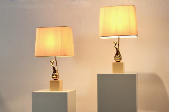 Pair of Exclusive Philippe-Jean Brass Art Sculpture Table Lamps, signed, Marble, Mid Century Modern (photo 8 of 14)