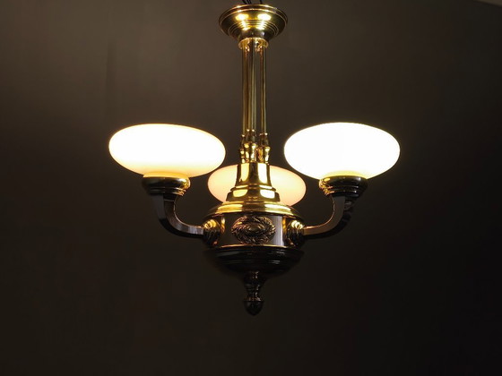 Image 1 of Neoclassical Art Deco Brass Chandelier, Czechoslovakia, 1930s