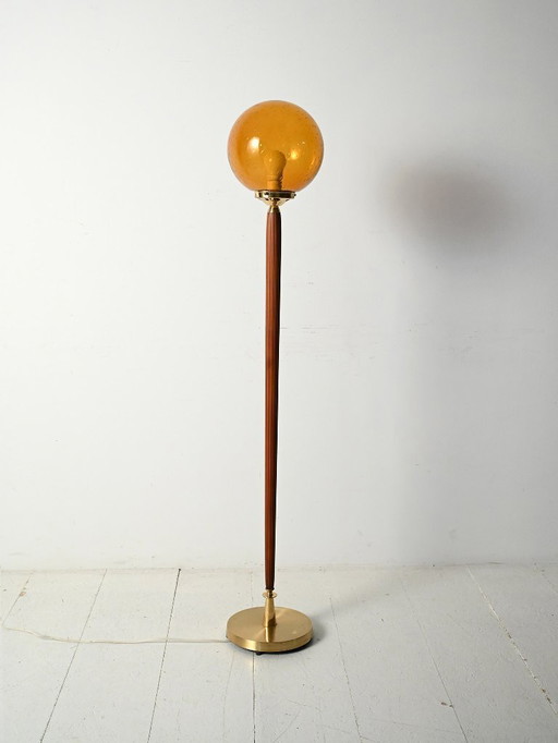 Teak and Amber Colored Glass Floor Lamp