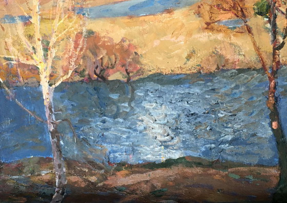 Image 1 of Originales Vintage-Ölgemälde Naturlandschaft Fluss am Abend