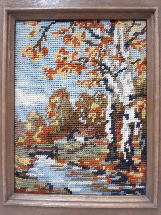 Image 1 of Tapisserie allemande vintage faite à la main, Gobelin, image encadrée paysage d'automne