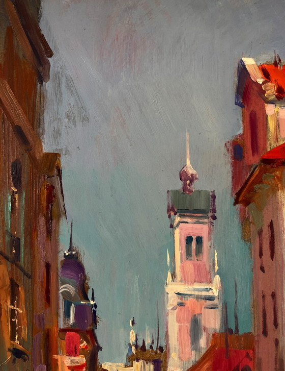 Image 1 of Original Oil Painting River Street Landscape City in the reflection of water