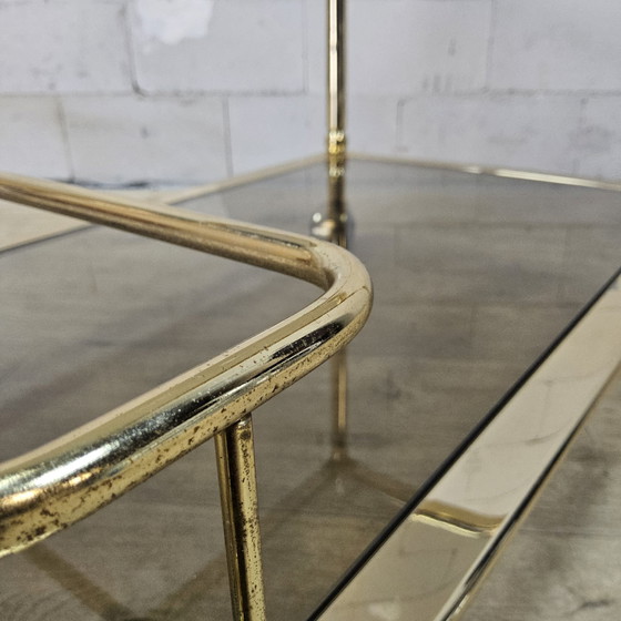 Vintage golden brass bar cart / trolley smoked glass shelves (photo 10 of 15)