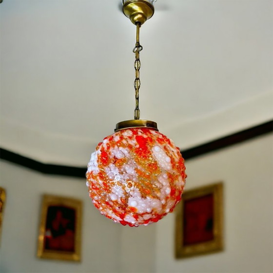 Image 1 of Lampada a sospensione a sfera gigante in vetro artistico di Murano rosso