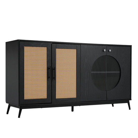 Image 1 of Credenza nera Urban Meuble con ante in vetro in rattan, anta semicircolare 160*40*80cm VELZU