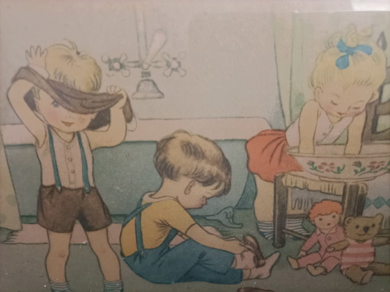 Image 1 of Set of 3 Vintage Children's Prints - 40s-50s - Charming Illustrations in Wooden Frames