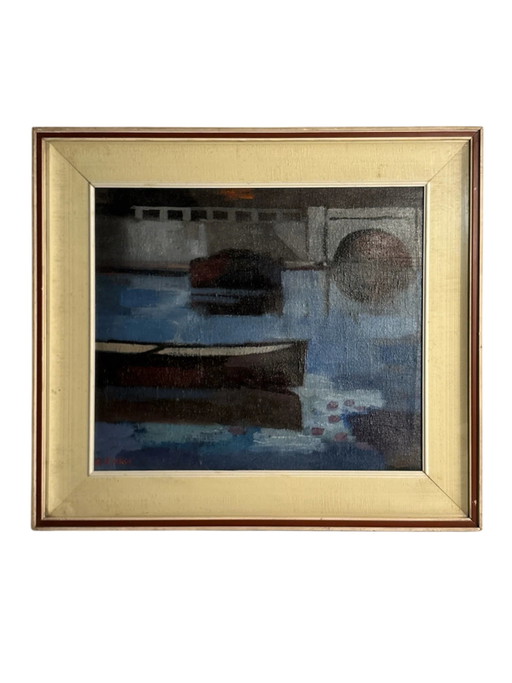 Pintura al óleo de A. Rossi de los años 70 sobre tabla, Barcos