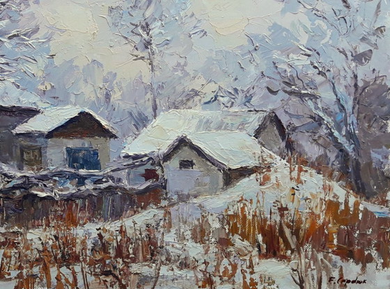 Origineel Olieverfschilderij Landelijk Landschap Dorpshuis Winteravond – Schilderijen & Tekeningen, Canvas (photo 5 of 8)