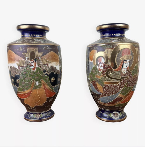 Image 1 of Paire De Vases Japonais En Porcelaine De Satsuma Vintage 1900-1920