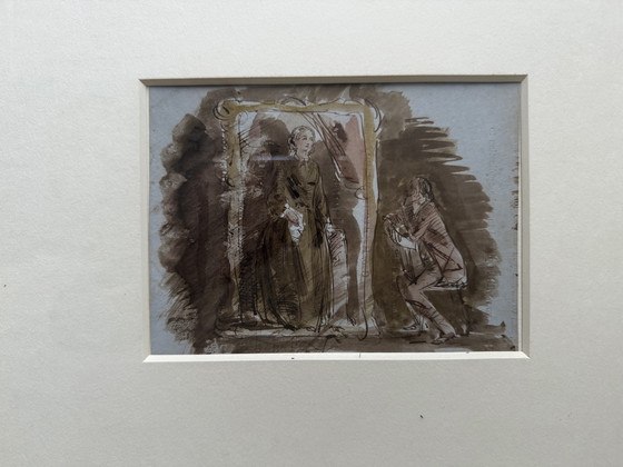 Image 1 of Croquis original anglais à la plume et à l'encre de 1857, pièce ancienne, encadrée (non signée, d'époque)