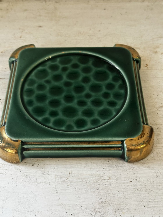 Posavasos Art Déco de cerámica esmaltada en verde y dorado moteado. – Accesorios de mesa, Ceramic, Vintage (photo 4 of 12)