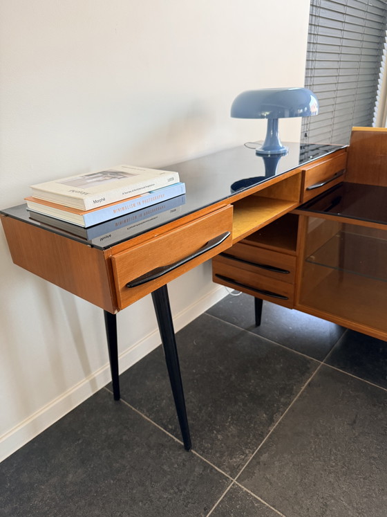 Vintage Mid-Century Desk With Sideboard Závody Bučovice – Glass, Wood (photo 6 of 8)