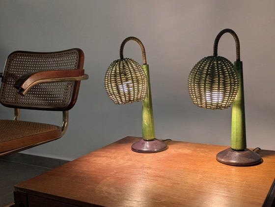 Image 1 of Lampade in rattan verde in stile moderno organico Mario Lopez Torres, anni '80