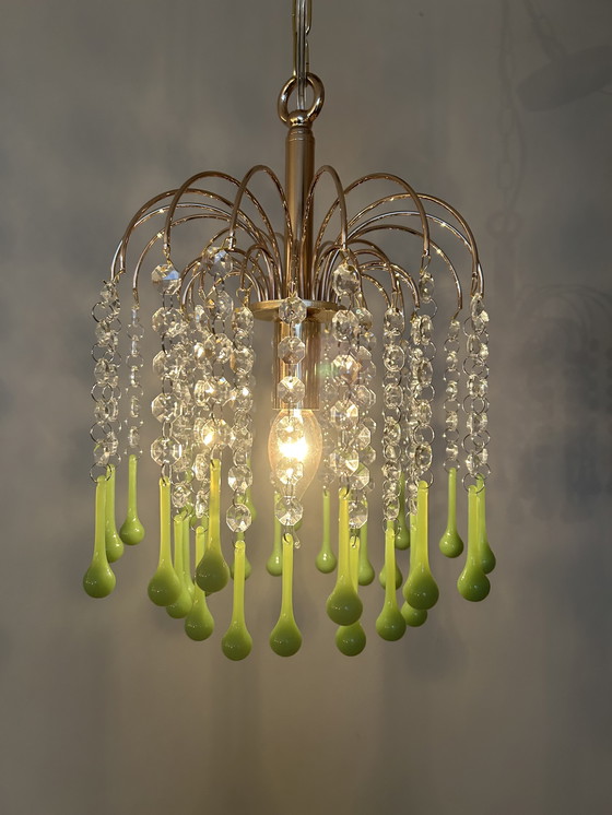 Image 1 of 5 Pieces Vintage Opaline Green Crystal Teardrop Chandeliers