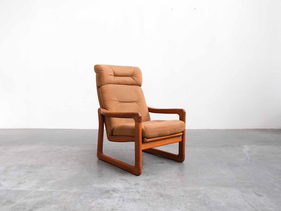 Poltrona schienale alto vintage Holstebro Møbelfabrik con pouf – Teak & Pelle | Anni '70 – Poltrone, Legno (photo 9 of 9)
