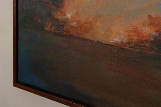 Large Original Blue and Orange Abstract Landscape Painting, Textured Acrylic Canvas - Whispering Embers (photo 19 of 23)
