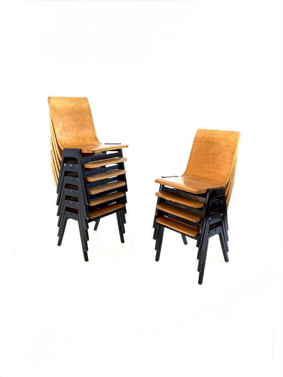 Lotto di 10 sedie impilabili in compensato, Roland Rainer '50 – Sedie da pranzo, Wood, Metal (photo 3 of 8)