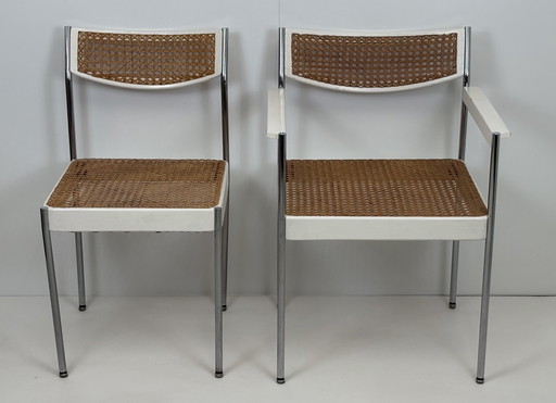 2 x vintage fauteuil rotan/webbing chroom buisframe wit hout