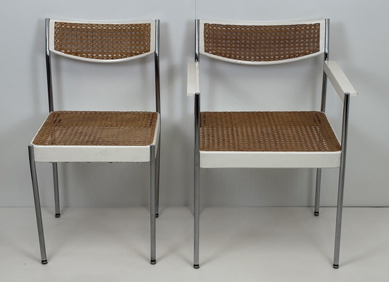 Image 1 of 2 x vintage armchair rattan/webbing chrome tube frame white wood