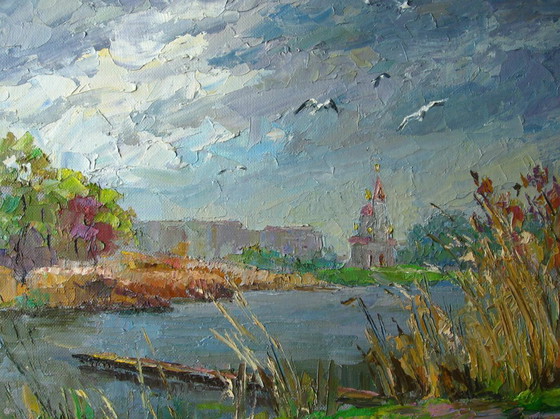 Origineel olieverfschilderij Herfstlandschap Stadsrand Meeuwen boven de rivier. Droge Kagamlyk (photo 7 of 8)