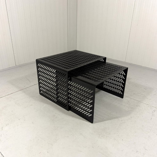 Black perforated steel side tables Italy 1980s