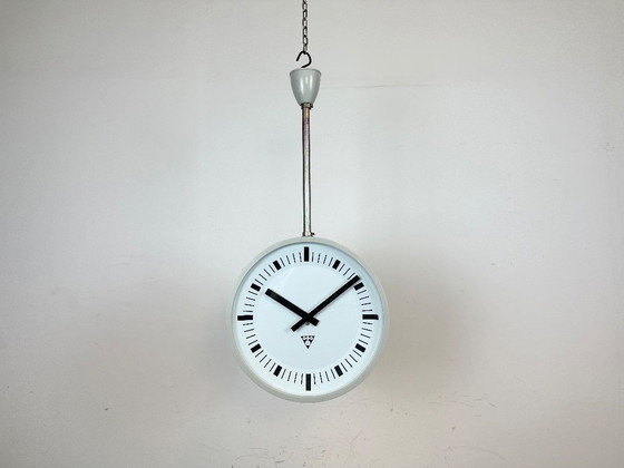 Image 1 of Grey Industrial Bakelite Double Sided Factory Clock from Pragotron, 1980s