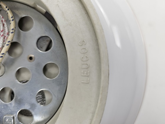 Image 1 of Ceiling or wall lamp by Leucos Italian milk glass discus model with red rim