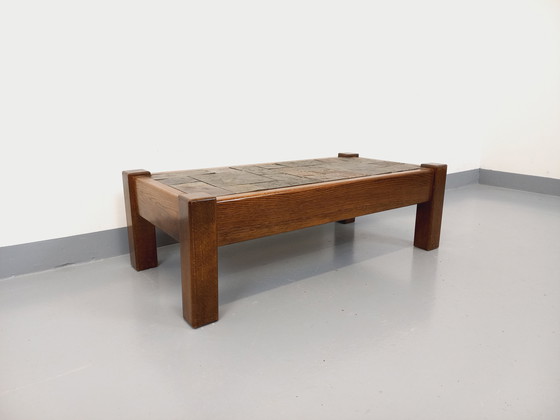 Image 1 of Table Basse Vintage Brutaliste en Chêne et Ardoise des Années 60-70