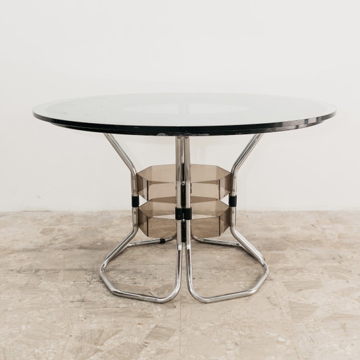 Dining table in acrylic steel, wood and smoked glass, 1970s design