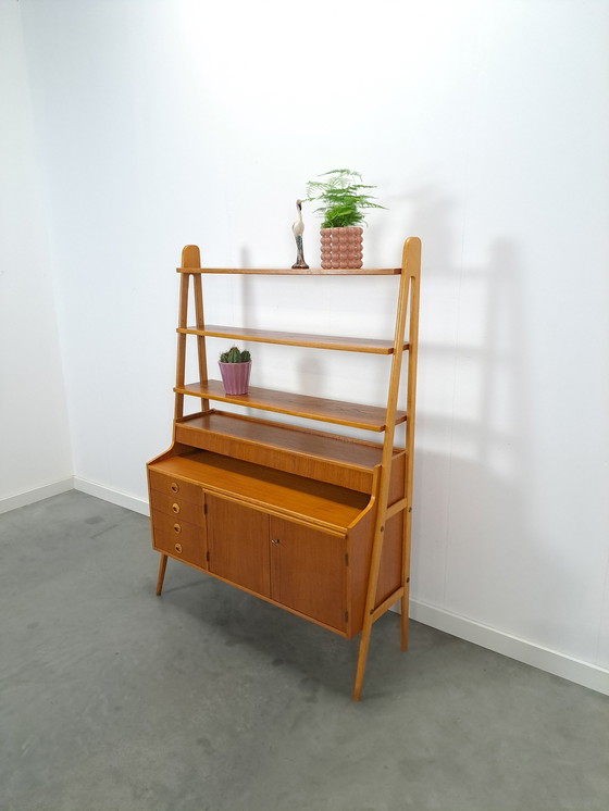 Image 1 of Teak Veneer Cabinet From Sweden With Drawers, Shelf And Extendable Shelf