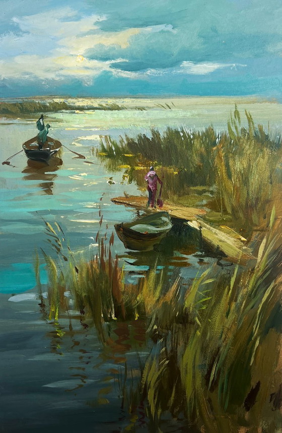 Image 1 of Peinture à l'huile originale représentant un paysage côtier au coucher du soleil