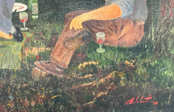 Image 1 of Dipinto di Camille Delahaut, 'Il pic-nic' Vintage