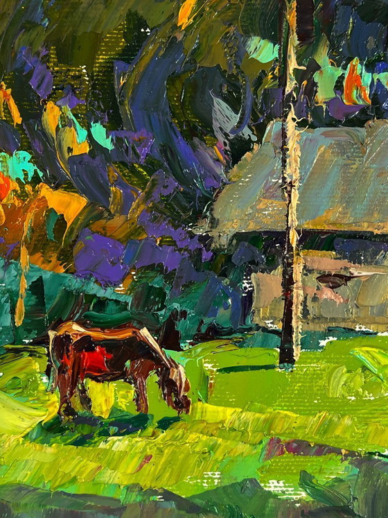 Image 1 of Peinture à l'huile originale représentant un paysage rural et une journée d'été au village